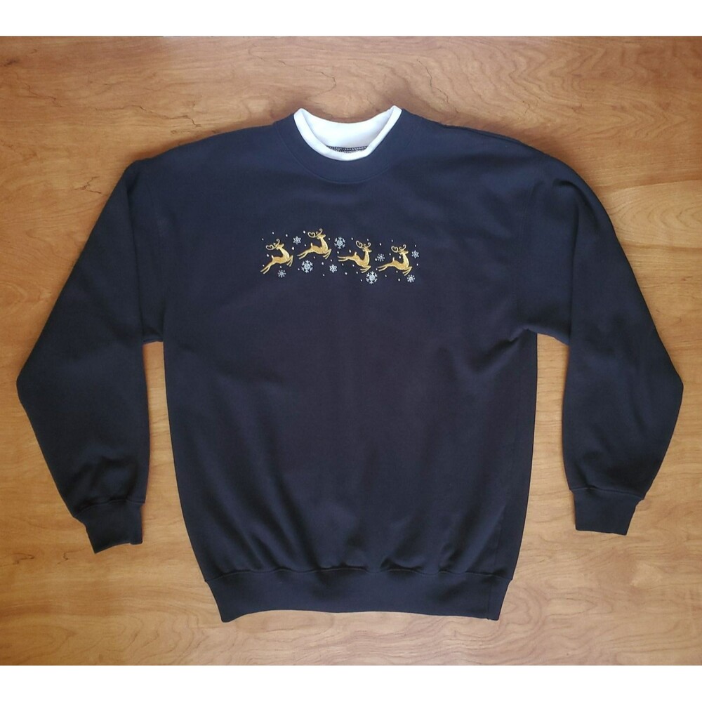 VTG 90s Christmas Sweatshirt Size M Reindeer Black Embroidered Grandma Sweater
